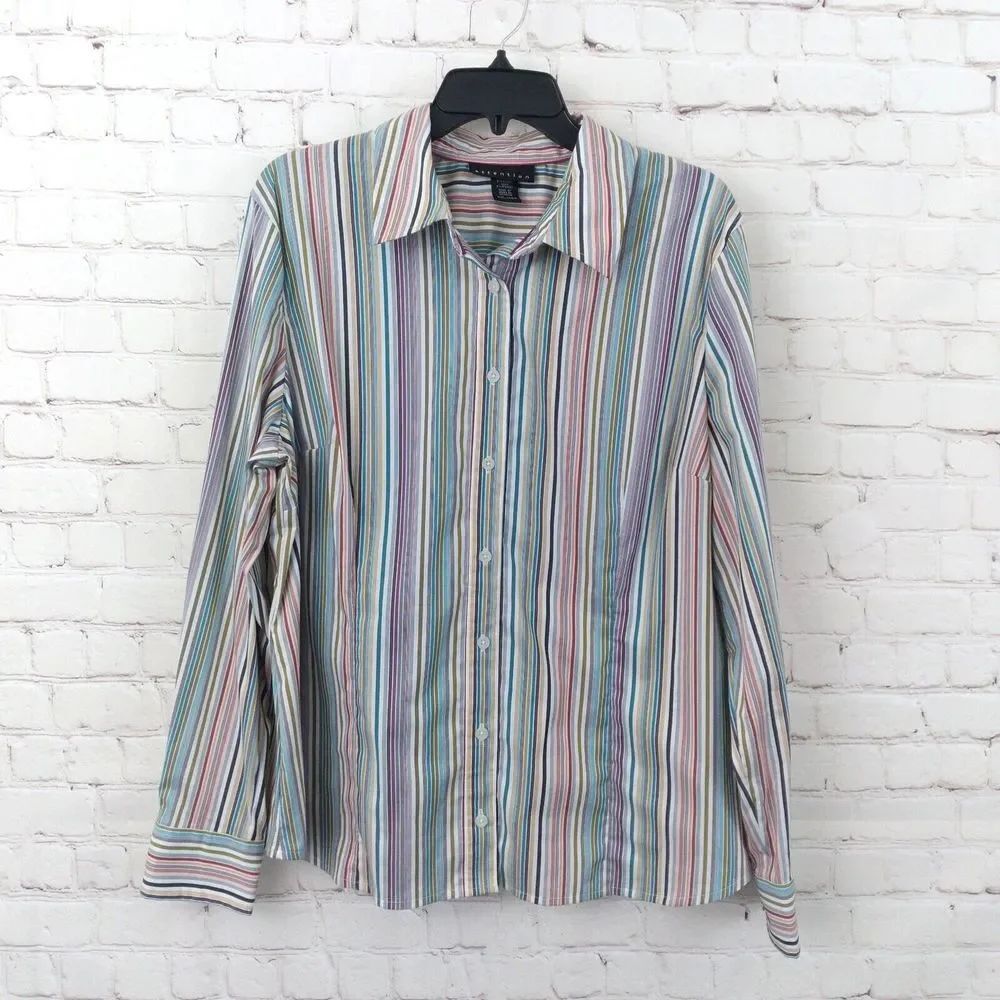 Attention Women's XXL Plus Size Striped Long Sleeve Button Up Shirt Career